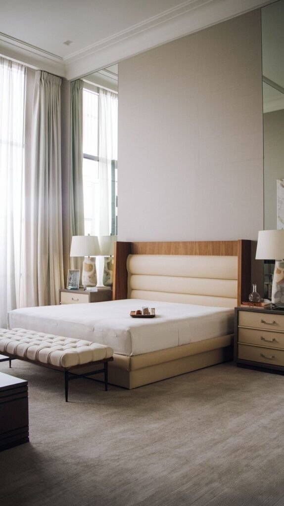 A luxurious and Chic Contemporary bedroom decor featuring a wide upholstered headboard with a wooden accent, mirrored wall panels, and a long tufted bench at the foot of the bed.