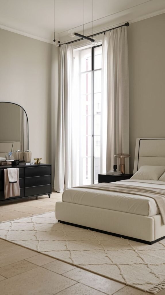 A minimalist and Chic Contemporary bedroom decor with a clean-lined cream bed frame, a black dresser with an arch-top mirror, and a textured white rug.