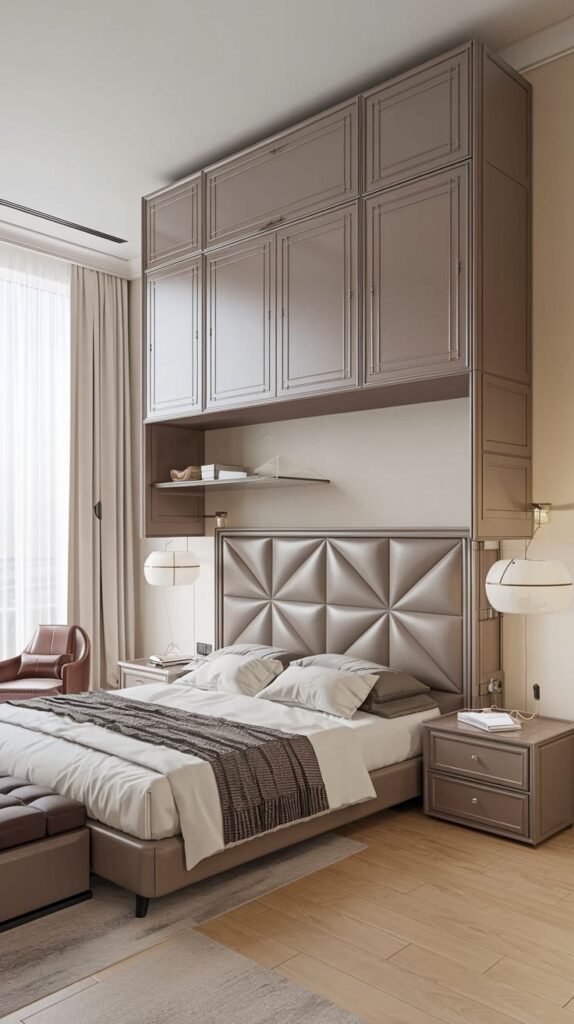 A grand and Chic Contemporary bedroom decor with an ornate geometric upholstered headboard, integrated overhead cabinets, and matching bedside tables.