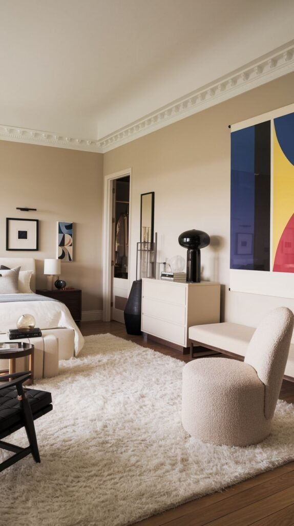 A vibrant and Chic Contemporary bedroom decor featuring a large colorful abstract painting on the wall, a plush white shag rug, and a modern upholstered armchair.