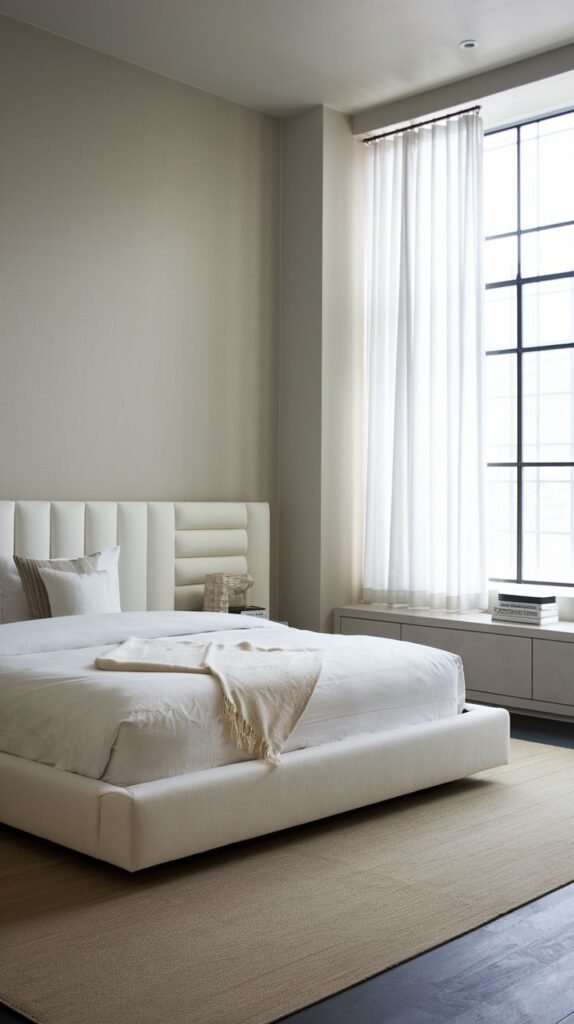 A serene and Chic Contemporary bedroom decor designed with minimalist principles, showcasing a simple white upholstered bed and large floor-to-ceiling windows.