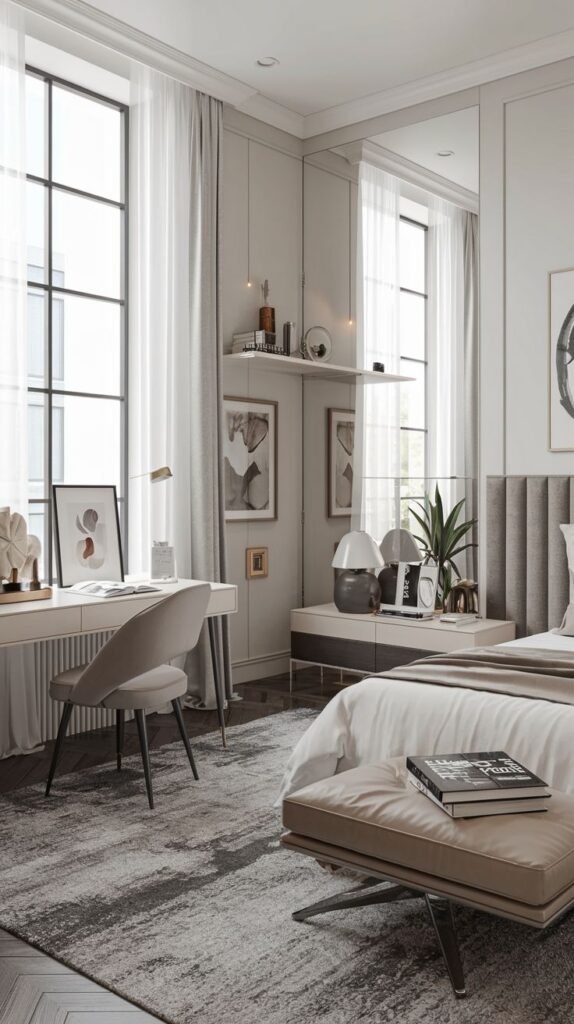A well-appointed and Chic Contemporary bedroom decor featuring a large window with sheer curtains, a functional desk area, and an upholstered bed with a grey ribbed headboard, creating a sophisticated workspace and resting area.