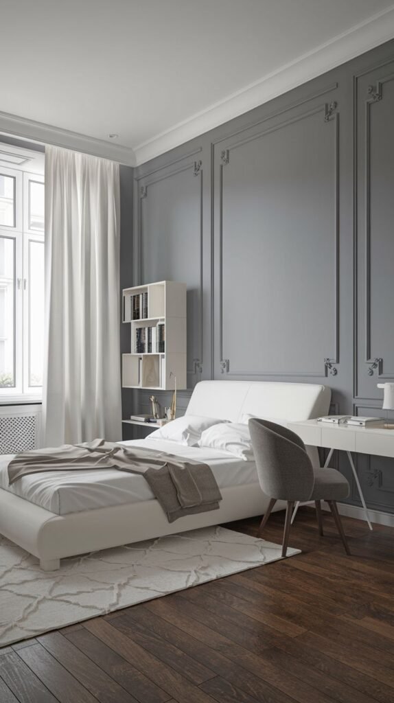 A classic yet Chic Contemporary bedroom decor with elegant grey wall paneling, a white upholstered bed, and a white desk with a grey chair.
