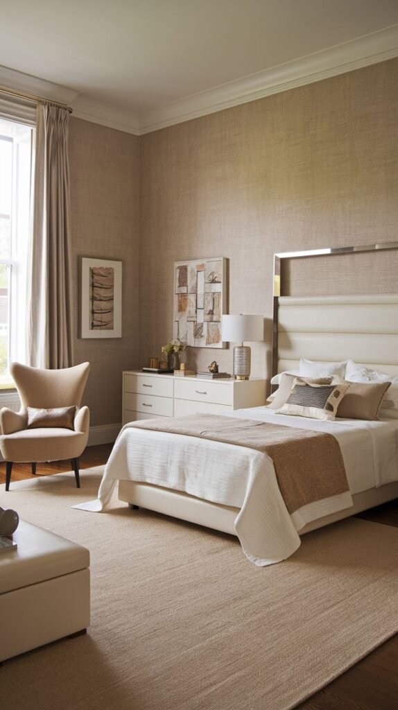 A cozy and Chic Contemporary bedroom decor featuring warm-toned textured wallpaper, a cream upholstered bed with a unique metallic-framed headboard, and a comfortable armchair.