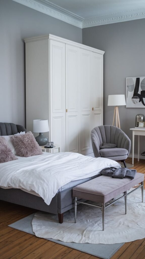 A bright and Chic Contemporary bedroom decor with light grey walls, a large white traditional-style wardrobe, a grey upholstered bed, and a unique grey armchair.