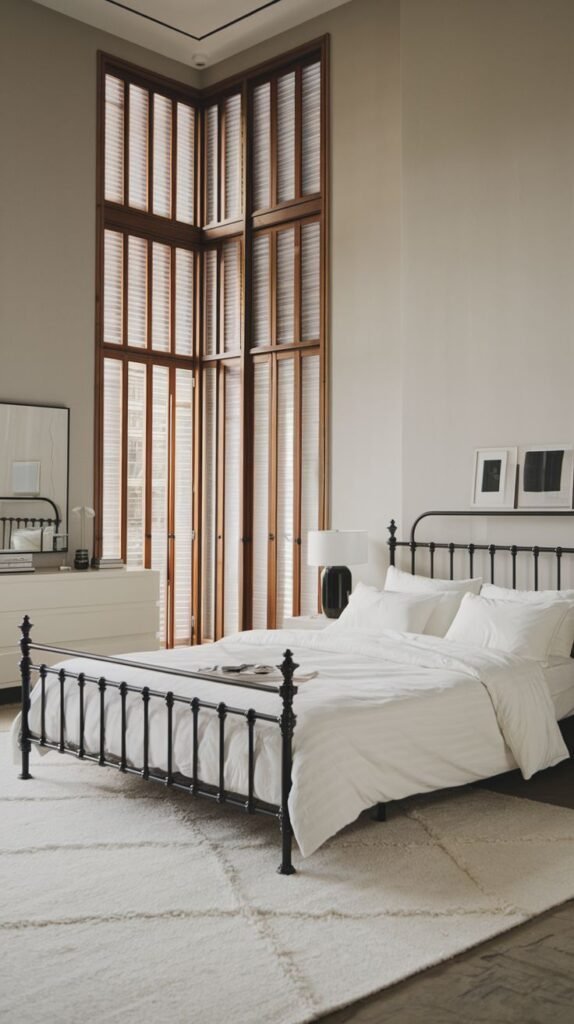 A striking and Chic Contemporary bedroom decor featuring a black metal bed frame with white bedding, and impressive tall windows with wooden blinds wrapping around a corner.
