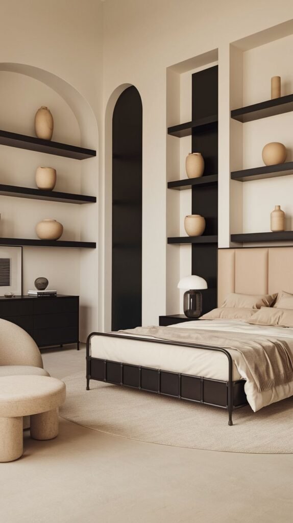 A stylish and Chic Contemporary bedroom decor with neutral tones, black accent walls and shelving, a black metal bed frame, and creative arched wall niches.