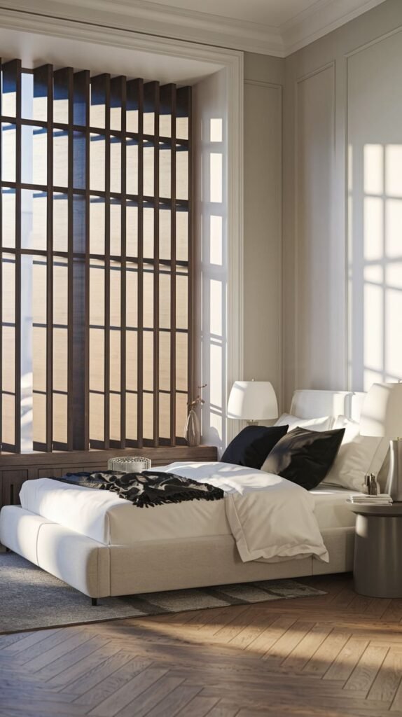 Chic Contemporary bedroom decor featuring a minimalist light-colored bed with dark pillows and throw, bathed in sunlight from a large window with modern wooden slatted blinds.