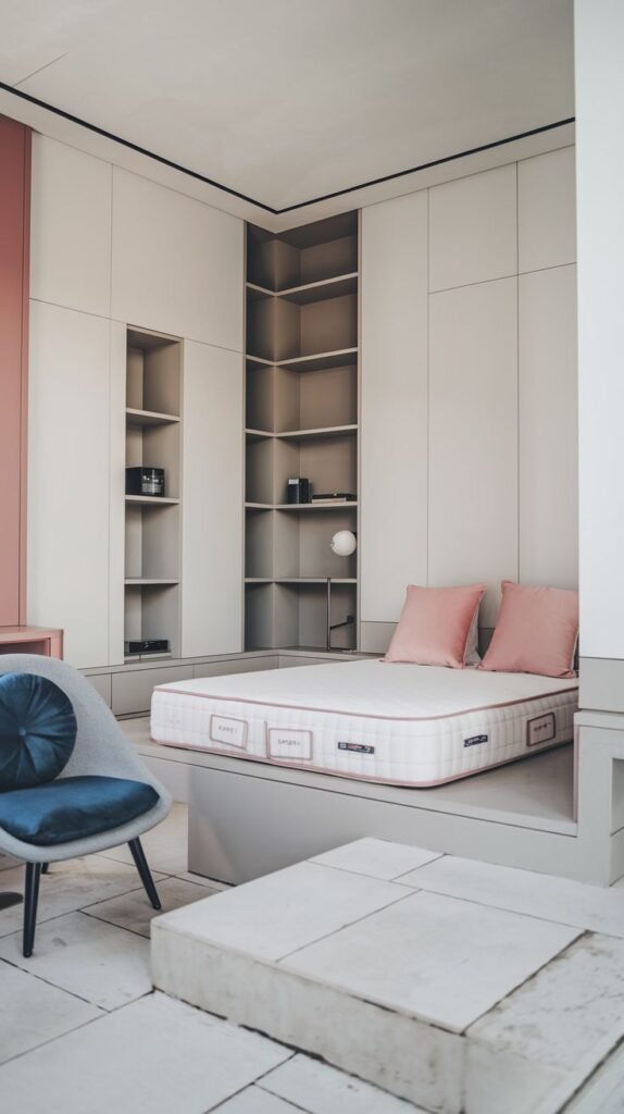 A minimalist and Chic Contemporary bedroom decor showcasing a low platform bed with pink accents, complemented by extensive built-in light-colored shelving and a modern armchair.