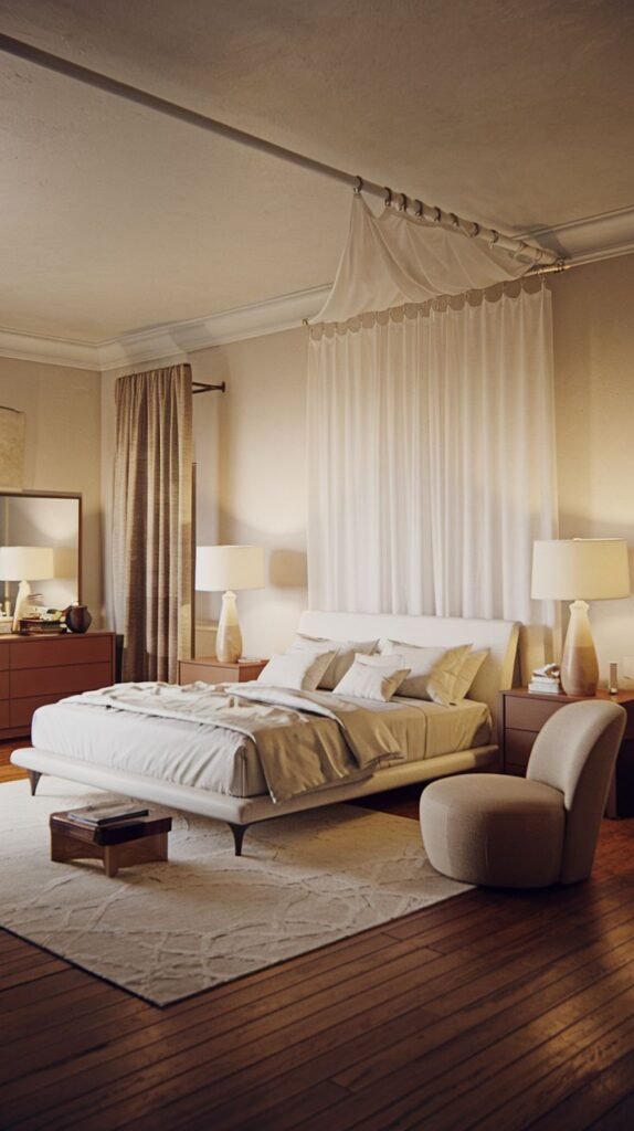 An elegant and Chic Contemporary bedroom decor featuring a white upholstered bed, classic wooden nightstands, and a delicate white sheer canopy hanging above the bed.