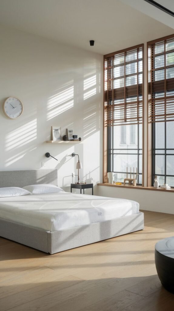 A bright and Chic Contemporary bedroom decor with a grey upholstered bed, light wooden floor, and large windows with horizontal wooden blinds, allowing ample natural light.