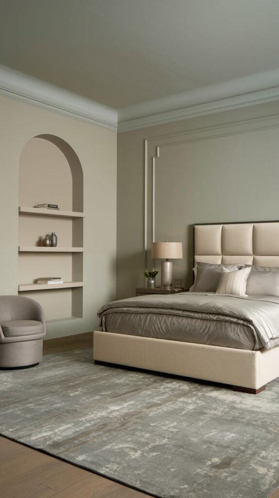 A sophisticated Chic Contemporary bedroom decor featuring a beige upholstered bed, built-in arched alcove shelving, and a large abstract patterned rug on a wooden floor.