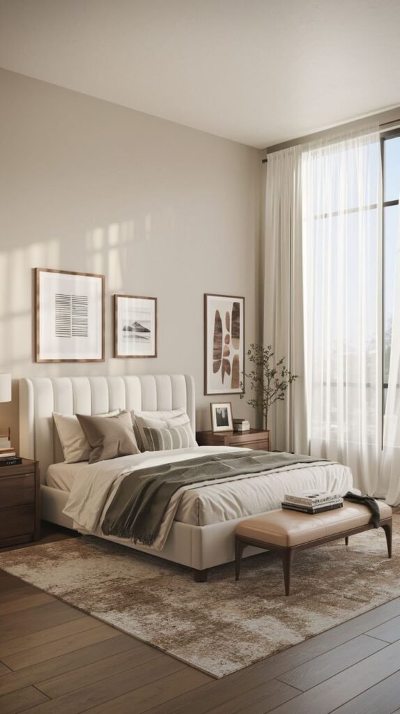 A comfortable and Chic Contemporary bedroom decor in neutral tones, highlighted by a tall upholstered headboard, dark wooden nightstands, and framed abstract artwork on the wall.