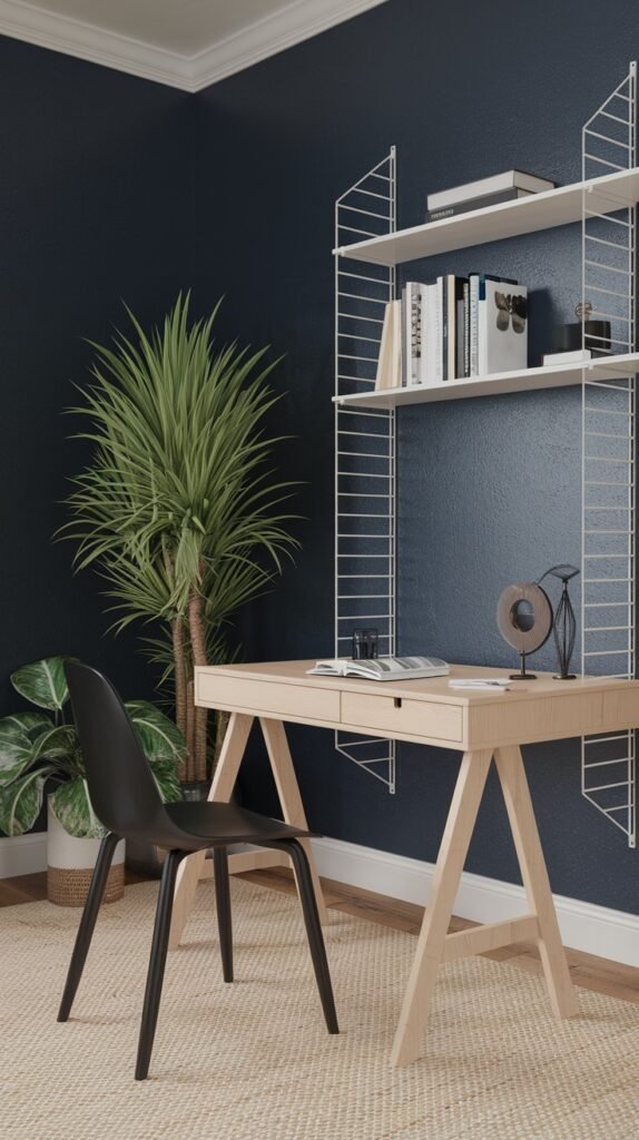 A chic scandi home office decor with dark blue walls and a light-colored rug. A light wooden desk is in the center, with a black modern chair in front of it. A tall white shelving unit filled with books is mounted on the wall, providing organized decor. A large potted plant is in the corner, adding a natural element. A desk lamp and other decorative items are on the desk, contributing to the refined decor.