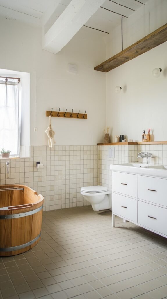 A rustic-inspired and chic scandi bathroom decor with white walls and light gray tiled floors. A wooden soaking tub is on the left, near a window with sheer white curtains. A wooden coat rack with hooks is mounted on the wall. A white toilet is in the center. To the right, a white vanity with multiple drawers and a white countertop holds a sink. A wooden shelf above the vanity holds small decorative items. Exposed wooden beams are visible on the ceiling, enhancing the scandi decor.