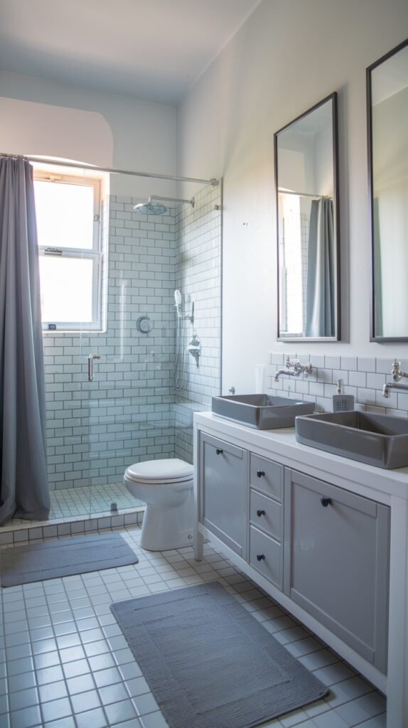 A modern and chic bathroom decor with white subway tile walls in the shower area and light gray tiled floors. A glass-enclosed shower is on the left, next to a window covered by a gray shower curtain. A white toilet is visible inside the shower enclosure. On the right, a double vanity with gray cabinets, white countertops, and two rectangular gray vessel sinks is prominent. Two large rectangular mirrors hang above the sinks, and two gray bath mats are on the floor, contributing to the sleek decor.