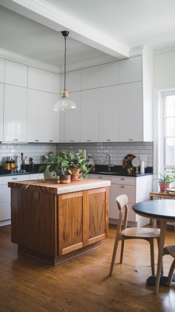 A bright and chic scandi kitchen decor featuring white upper and lower cabinets with a black countertop and white subway tile backsplash. A large wooden kitchen island with a light wood top serves as a focal point, adorned with several potted plants, adding natural decor. To the right, a small round black table with two light wooden chairs creates a cozy dining area on the wooden floors.