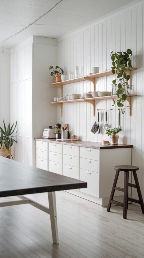 A spacious and chic scandi kitchen decor with white vertical paneled walls and light wooden floors. Tall white cabinets are on the left, providing ample storage. A long stretch of white base cabinets with a light wooden countertop runs along the right wall. Two long wooden shelves above the countertop hold dishes and plants, adding to the functional decor. Kitchen utensils hang from a rail. A large dark dining table is in the foreground, with a dark wooden stool visible on the right.