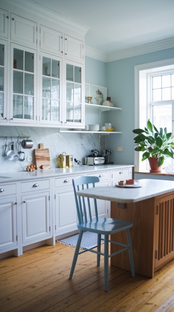 A bright and chic scandi kitchen decor with white upper cabinets, some with glass doors, and white lower cabinets. A white marble countertop and backsplash contribute to the elegant decor. A light blue wooden chair is pulled up to a light wooden kitchen island with a slatted base, providing a pop of color. A window with a potted plant is in the background, set against light blue walls above white wainscoting. Wooden floors complete the inviting look.