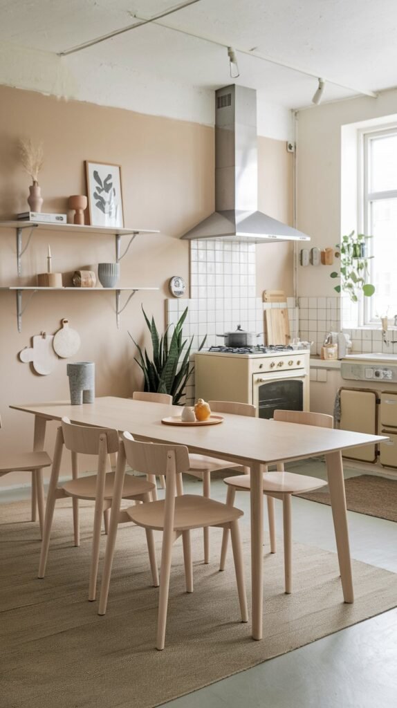 A chic scandi-style kitchen and dining area decor with light beige and white walls, featuring a tiled backsplash. A light wooden dining table with four matching chairs is in the center, characteristic of scandi furniture, with a small plate of food on it. Above the table, a large stainless steel range hood is mounted above a stove with a tiled backsplash. Two white shelves with various decorative items are on the left wall, adding functional decor. A large plant is on the floor.