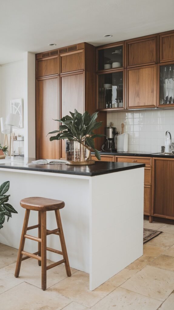 A kitchen with rich wooden cabinets and a dark countertop, displaying a classic and chic decor. White subway tiles form the backsplash. A white kitchen island with a dark countertop is in the foreground, adorned with a large potted plant in a gold vase. A wooden stool is placed in front of the island, complementing the scandi-inspired wooden elements. Light tiled floors are visible. A built-in refrigerator is on the left.
