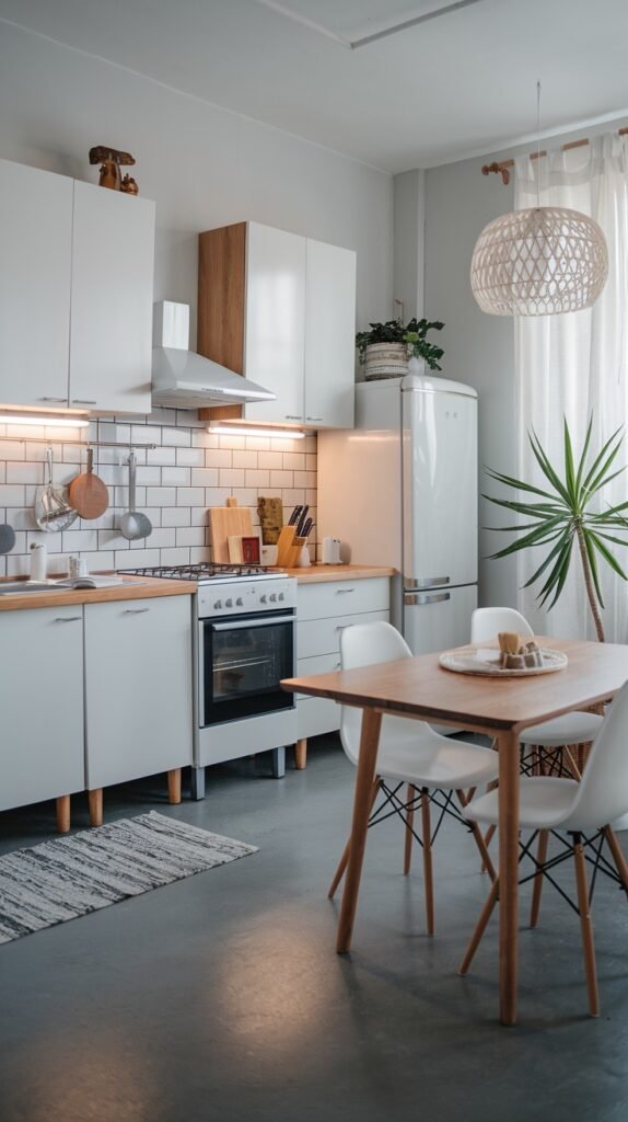 A contemporary and chic scandi kitchen decor with white cabinets and a light wooden countertop. White subway tiles form the backsplash. A stainless steel range hood is above a stove. A white retro-style refrigerator stands next to the cabinets. A light wooden dining table with four white chairs is in the center, defining the dining space. A large potted plant is by the window, which is covered by sheer white curtains. A woven pendant light hangs above the table, adding to the relaxed decor. Light gray floors are throughout.