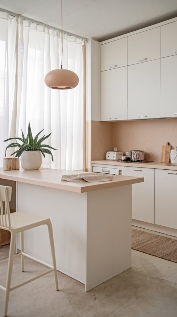 A modern and chic scandi kitchen decor with white cabinets and a light wooden countertop. White sheer curtains cover a large window on the right. A white kitchen island with a light wooden top is in the center, with a book and a plant on it, serving as both functional and aesthetic decor. A light-colored chair is pulled up to the island. A round pendant light hangs from the ceiling. Light gray floors are visible, creating a bright and airy feel.