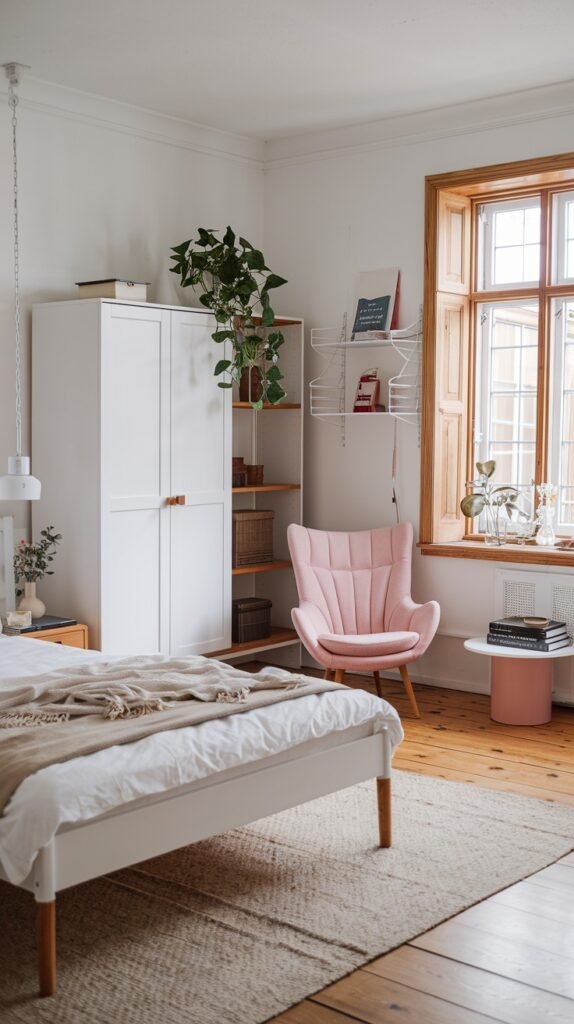 A bright and chic scandi-inspired bedroom decor with white walls and wooden floors. A white bed with a light-colored blanket is in the foreground. A tall white wardrobe is on the left, next to wooden shelves holding plants and books, enhancing the decor. A pink upholstered armchair, adding a touch of color, is positioned near a large window with wooden shutters, next to a small round pink side table. A light rug is on the floor, completing the cozy scandi aesthetic.