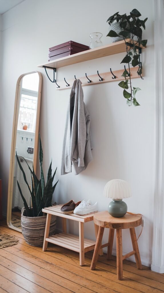 An organized and chic scandi entryway decor with white walls and wooden floors. A long, full-length mirror with a light wooden frame leans against the left wall. A light wooden bench with shoes on it is in the center, providing a practical decor solution. A small wooden stool with a green lamp is next to the bench. A wooden shelf with black brackets and hooks holds a jacket and a plant on the right wall. A tall snake plant in a woven basket is on the floor next to the mirror, adding to the natural decor of this welcoming scandi space.