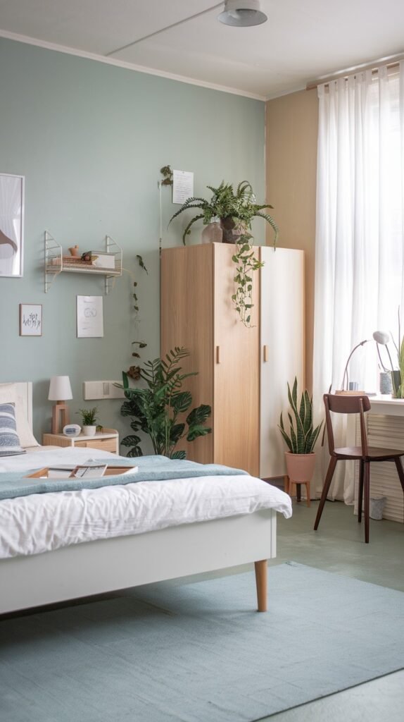 A chic scandi-style bedroom decor with light green and beige walls and light green carpeting. A white bed with a blue and white striped blanket is in the foreground. A light wooden wardrobe is in the center, next to a tall plant. A desk with a chair and a lamp creates a workspace on the right, under a window. Shelves with decorative items are on the wall to the left of the wardrobe, adding to the thoughtful decor. Several potted plants are throughout the room.