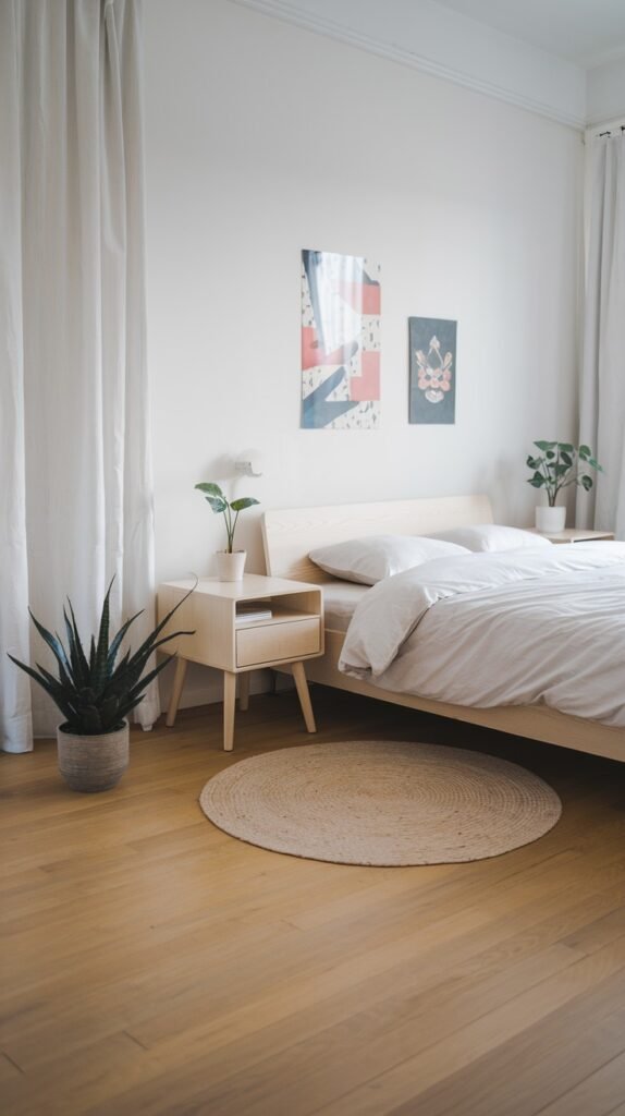 A minimalist and chic scandi bedroom decor with white walls and light wooden floors. A white bed with white bedding is in the center, providing a clean aesthetic. A light wooden nightstand with a small plant serves as simple decor on the left. A large snake plant in a gray pot stands on the floor in the foreground. Two abstract art prints hang on the wall, and white sheer curtains cover a large window. A small round jute rug adds warmth to the decor.