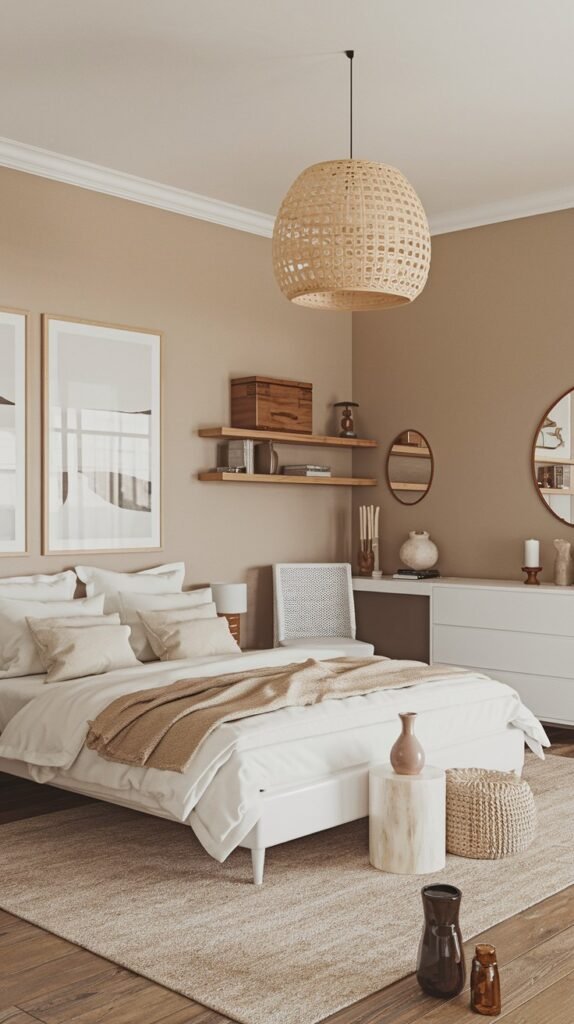 A warm-toned and chic scandi bedroom decor with light beige walls and wooden floors. A white bed with light bedding and a brown throw blanket is in the center. Two large framed art pieces hang above the bed, serving as prominent decor. Floating wooden shelves with decorative items are on the right wall, above a white dresser with mirrors and vases. A large woven pendant light, a key scandi decor element, hangs from the ceiling. A light-colored rug covers the floor. Various plants and decorative items are present, creating a harmonious space.