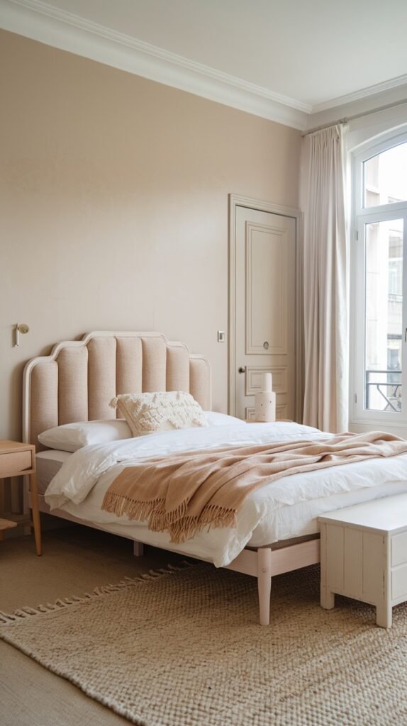 A chic scandi bedroom decor with light beige walls and wooden floors. A bed with a light pink upholstered headboard and white bedding with a brown throw blanket is in the center. A small wooden nightstand is on the left. A white wooden storage chest is at the foot of the bed. A large window with white sheer curtains is on the right, looking out onto a balcony. A textured rug is on the floor, enhancing the inviting decor.