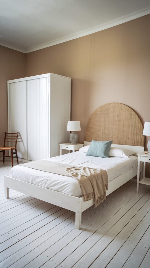 A spacious and chic scandi bedroom decor with light beige walls and white painted wooden floors. A white bed with a large, round woven headboard, characteristic of scandi craftsmanship, and light bedding is in the center. Two white nightstands with lamps are on either side of the bed. A tall white wardrobe is on the left. A wooden chair is placed next to the wardrobe. A light-colored throw blanket is on the bed, contributing to the serene decor.