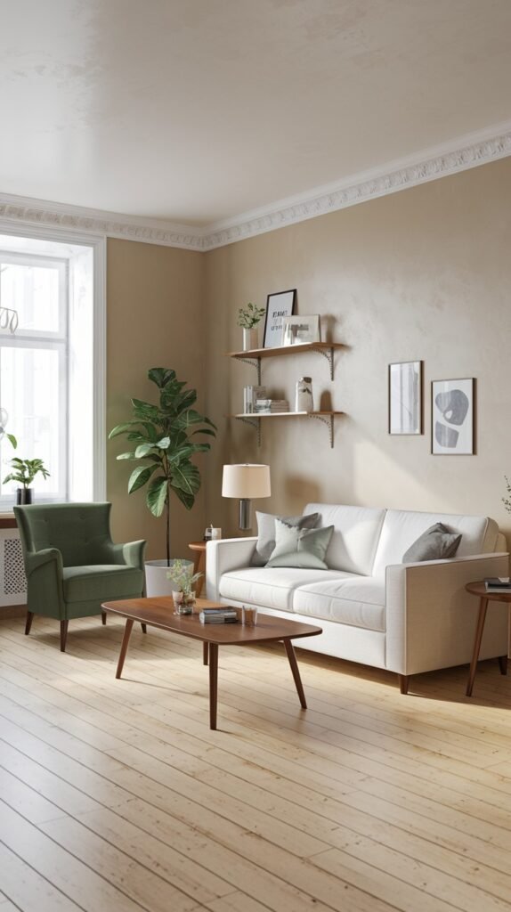 A chic scandi living room decor with light beige walls and wooden floors. A white sofa with light-colored pillows is in the center, providing a comfortable seating area. A dark green armchair adds a touch of color in the left corner near a window. A dark wooden coffee table is in front of the sofa. Two smaller wooden side tables are also present. A large fiddle-leaf fig plant adds natural decor next to the armchair. Shelves with decorative items and framed art are on the wall, completing the elegant decor.