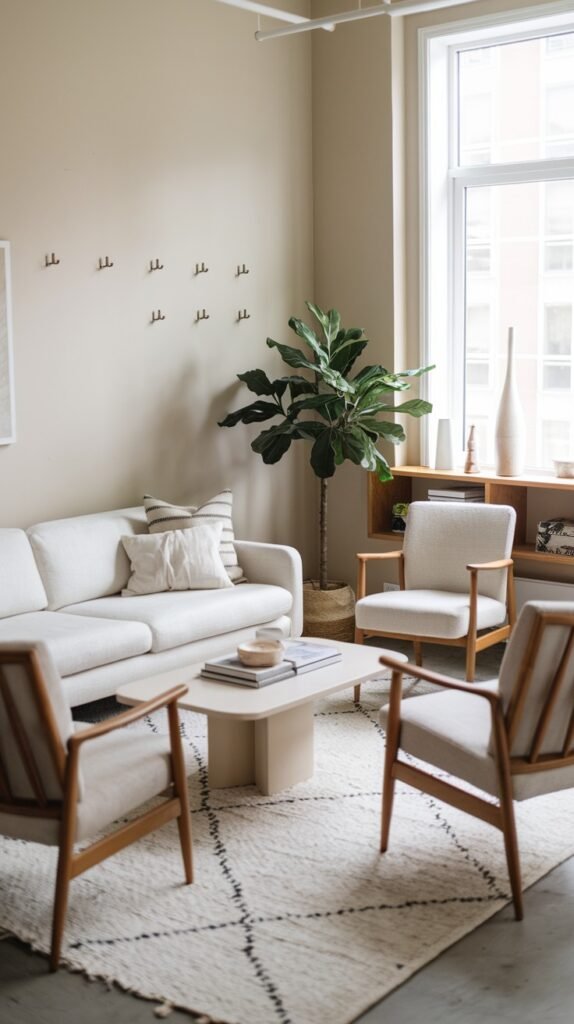 A bright and chic scandi living room decor with light beige walls and light-colored floors. A white sofa with a textured pillow is in the center, creating a welcoming space. Two light-colored armchairs with wooden frames face the sofa, showcasing classic scandi design. A light-colored rectangular coffee table is in the middle of the seating area. A large fiddle-leaf fig plant in a woven basket adds natural decor in the corner. A large window provides natural light. A patterned rug is on the floor. Decorative wooden hooks are mounted on the wall, adding a unique decor touch.