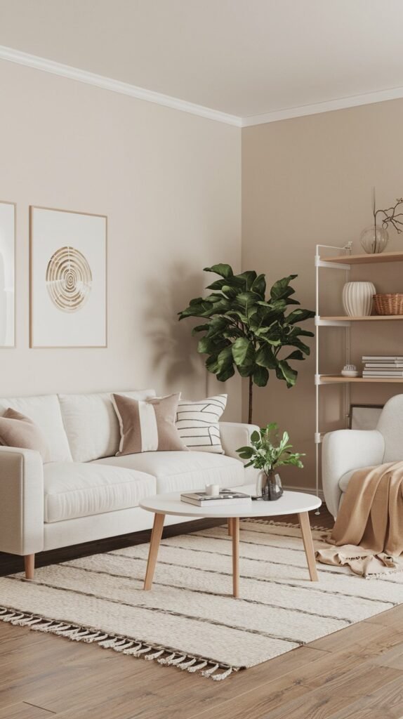 A chic scandi living room decor with light beige walls and wooden floors. A white sofa with light-colored pillows is in the center. A round white coffee table, typical of scandi decor, is in front of the sofa. A white armchair with a brown throw blanket is on the right. A large fiddle-leaf fig plant is in the corner, bringing greenery indoors. Two framed circular abstract prints hang on the wall, and a white and light wood shelving unit holds books and decorative items. A striped rug is on the floor, adding texture to the decor.