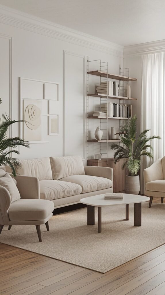A refined and chic scandi living room decor with white paneled walls and wooden floors. A cream-colored sofa is in the center, flanked by two matching armchairs, creating a cohesive seating arrangement. A light-colored oval coffee table with dark legs is in front of the sofa. A tall wooden shelving unit, filled with books and plants, acts as a prominent decor feature on the right wall. Large white sheer curtains cover a window. A large light-colored rug is on the floor. Several large potted plants are throughout the room, enhancing the natural scandi feel.