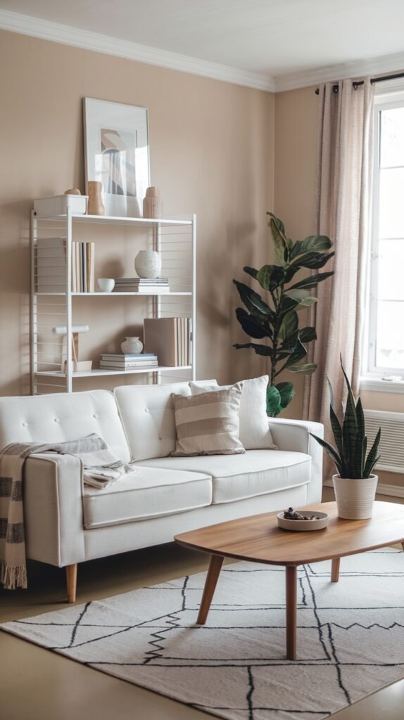 A chic scandi living room decor with light beige walls and a light-colored floor. A white sofa with a striped pillow and a blanket is in the center, offering comfortable seating. A wooden coffee table with a decorative bowl is in front of the sofa. A white shelving unit filled with books and decorative items is on the left wall. A large fiddle-leaf fig plant and a snake plant add to the natural decor. A large window with light curtains is on the right. A patterned rug is on the floor, completing the inviting scandi aesthetic.