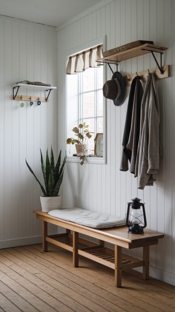 A chic scandi-style entryway decor featuring white vertical paneled walls and light wood floors. A wooden bench with a light cushion is on the right, accompanied by a black lantern. Above the bench, a wooden shelf with black brackets and hooks holds a hat and two jackets. A tall snake plant in a white pot stands on the floor, and a smaller shelf with hooks is on the left wall, adding to the minimal decor. A window with a striped valance provides natural light.