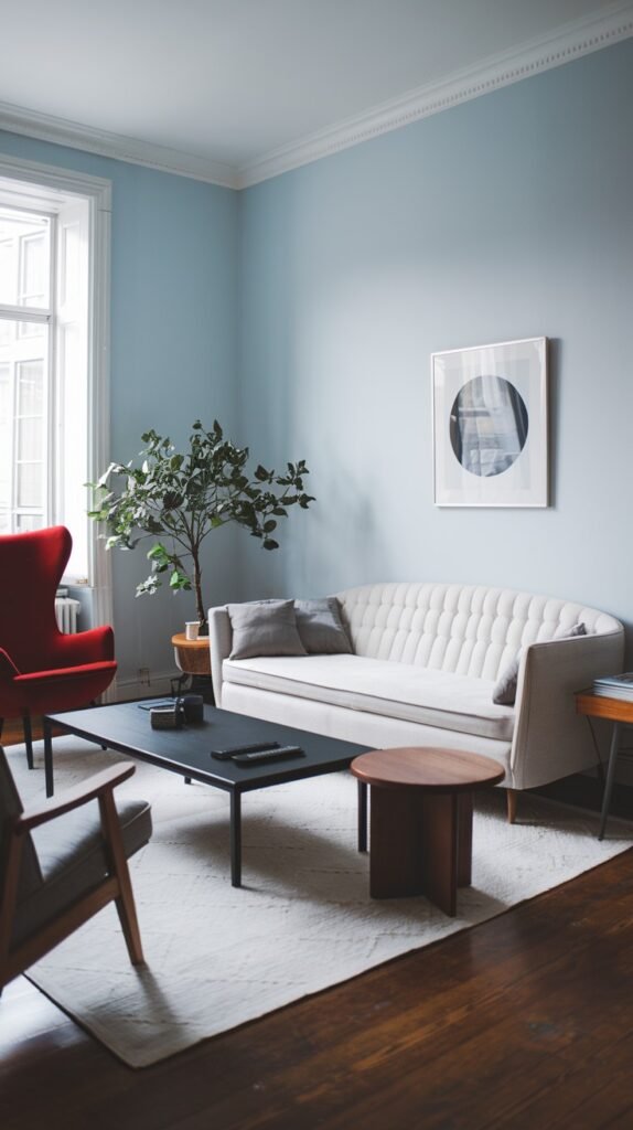 A chic living room decor with light blue walls and dark wooden floors. A white tufted sofa is in the center, providing a sophisticated focal point. A red wingback armchair adds a bold color statement on the left. A black rectangular coffee table is in front of the sofa, with a smaller round wooden side table next to it. A potted plant is on a small table near the window. A framed abstract print hangs on the wall, contributing to the artistic decor. A light-colored rug is on the floor, softening the space.