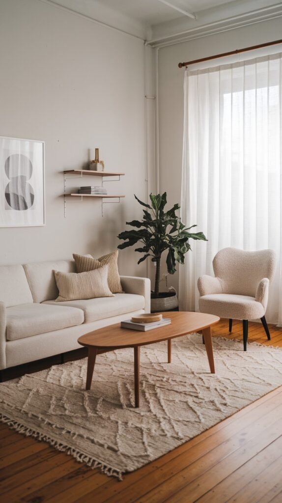 A cozy and chic scandi living room decor with white walls and wooden floors. A cream-colored sofa with striped pillows is in the center. A wooden oval coffee table with books is in front of the sofa, typical of scandi practicality and style. A light-colored armchair with black legs is on the right. A large fiddle-leaf fig plant is in the corner, providing a touch of nature. Two floating shelves with decorative items are on the wall. A large window with white sheer curtains provides natural light. A textured rug is on the floor, adding warmth and texture to the decor.