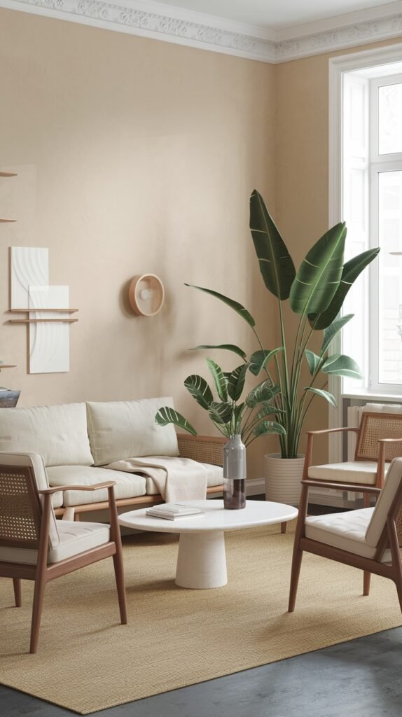 A spacious and chic scandi living room decor with light beige walls and a light-colored floor. A cream-colored sofa is in the center, accompanied by three wooden armchairs with cane backs and light cushions, showcasing classic scandi design elements. A round white coffee table with a vase of flowers is in the middle of the seating area. A very large bird of paradise plant is in the corner, providing dramatic natural decor. A large window provides natural light. A woven rug is on the floor. Abstract wall art is on the left wall, adding to the refined decor.