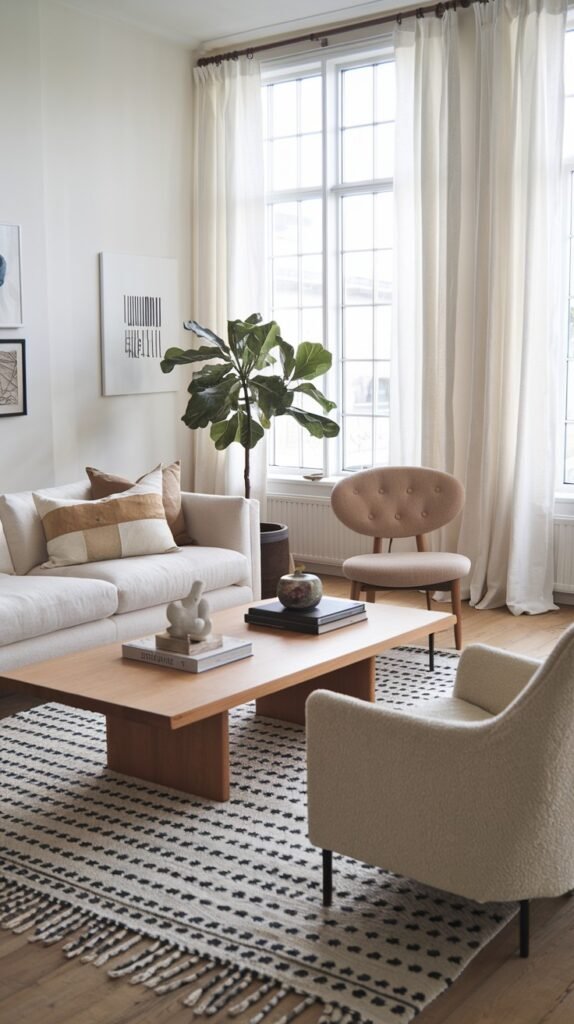 A warm and chic scandi living room decor with white walls and wooden floors. A white sofa with brown and multi-colored pillows is in the center. A large rectangular wooden coffee table with books and decorative objects is in front of the sofa. A cream-colored armchair with black legs is in the foreground. A large fiddle-leaf fig plant is in the corner, bringing natural elements into the decor. A large window with long white sheer curtains provides ample light. A patterned black and white rug is on the floor, grounding the space with its geometric decor.