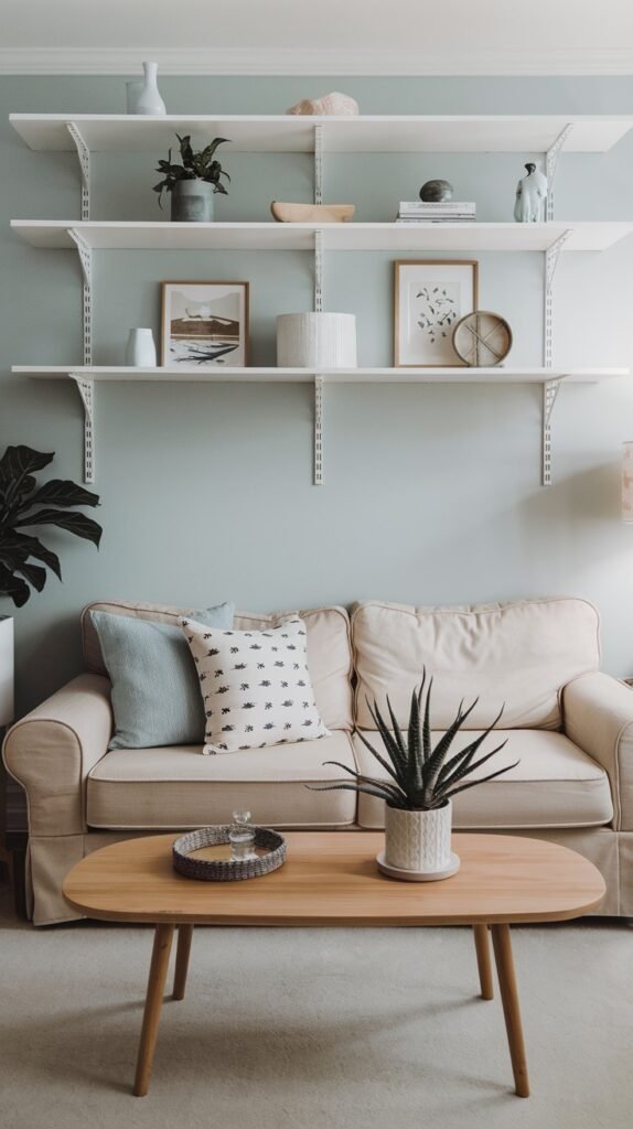A chic scandi living room decor with light green walls and a light-colored rug. A beige sofa with light blue and patterned pillows is in the center. A light wooden coffee table with a plant and a tray is in front of the sofa, characteristic of scandi functional decor. Two long white wall-mounted shelves hold various decorative items and plants. A large snake plant is on the floor next to the coffee table, adding a touch of greenery.