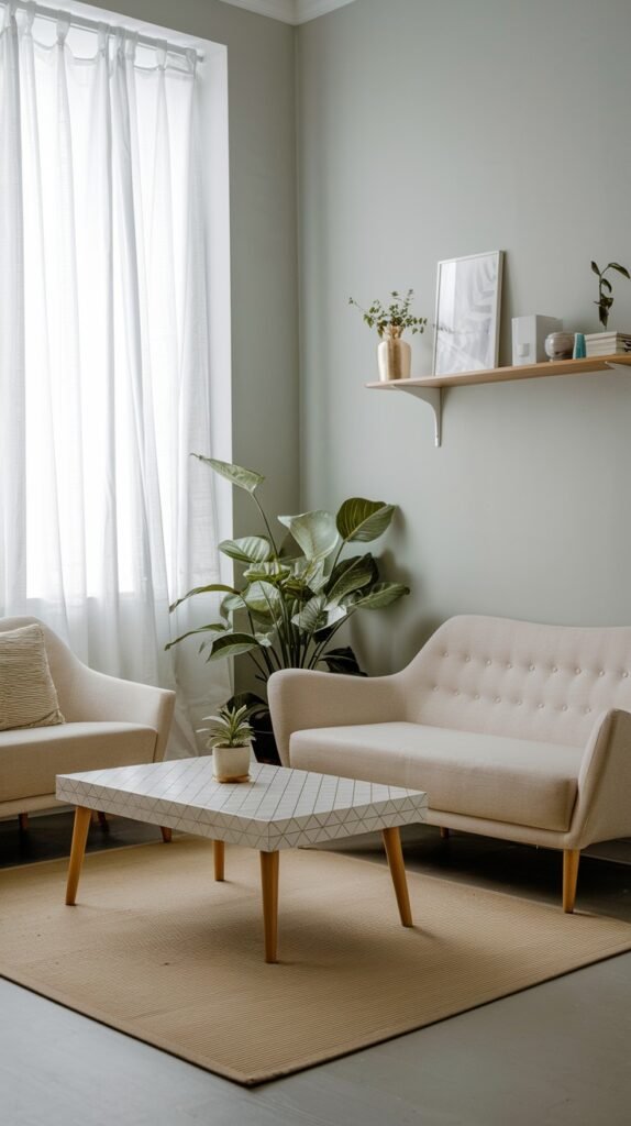 A bright and chic scandi living room decor with light green walls and light-colored floors. A light beige two-seater sofa with tufted details is in the center, facing a light-colored patterned coffee table. A light beige armchair is on the left. A large plant is in the corner near a window with long white sheer curtains, providing natural light and decor. A wooden shelf with decorative items is on the wall. A woven rug is on the floor, enhancing the cozy feel of the decor.
