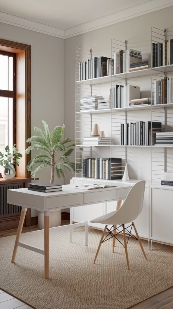 A chic scandi home office decor with light gray walls and wooden floors. A white desk with light wooden legs is in the center, displaying books and a lamp. A white modern chair is in front of the desk. A tall white shelving unit filled with books is on the right wall, providing ample storage and a display for decor. A large window with wooden trim is on the left. A potted palm plant adds natural decor in the corner. A light-colored rug is on the floor, completing the bright and functional scandi space.
