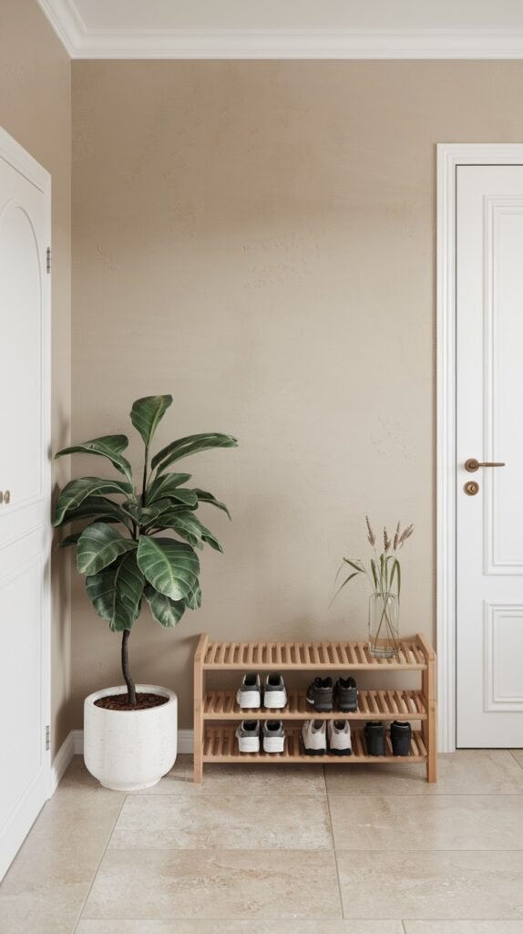 A chic scandi-inspired entryway decor with neutral beige walls and light tiled floors. A large green fiddle-leaf fig plant in a white pot adds natural decor on the left. In the center, a light wood slatted shoe rack, characteristic of scandi design, organizes several pairs of shoes, topped with a glass vase holding dried reeds.