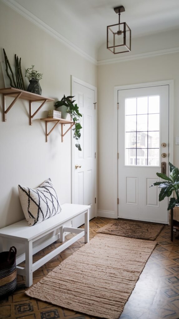 A bright and chic scandi-style entryway decor with white walls and a patterned wooden floor. A long jute rug extends from the front door. A white wooden bench with a black and white patterned pillow offers seating and decor. Two wooden shelves with various plants are mounted on the wall above the bench. A light fixture hangs from the ceiling, and a woven basket rests on the floor next to the bench.