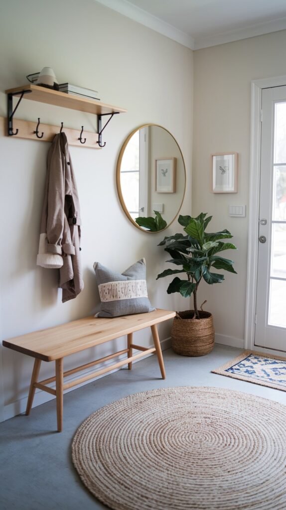 A contemporary and chic scandi-themed entryway decor with light beige walls and a light-colored floor. A light wooden bench is placed against the wall, and above it, a black-bracketed wooden shelf with coat hooks holds a jacket. A large round gold-framed mirror enhances the decor next to the shelf. A large fiddle-leaf fig plant in a woven basket adds a natural touch. A round jute rug is in the foreground, and a patterned doormat is near the glass-paned front door, completing the inviting scandi aesthetic.